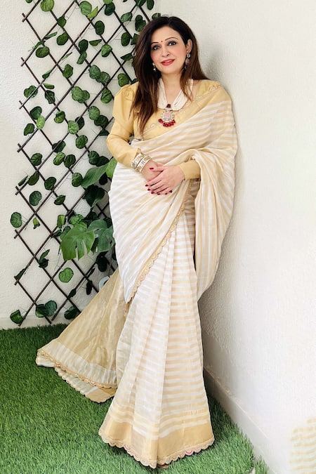 Shop Zal From Benaras Cream Chanderi Stripe Pattern Saree With Unstitched Blouse Piece at Aza Fashions Shop_Zal From Benaras_Cream Chanderi Stripe Pattern Saree With Unstitched Blouse Piece _at_Aza_Fashions