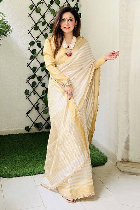 Buy Zal From Benaras Cream Chanderi Stripe Pattern Saree With Unstitched Blouse Piece Buy_Zal From Benaras_Cream Chanderi Stripe Pattern Saree With Unstitched Blouse Piece