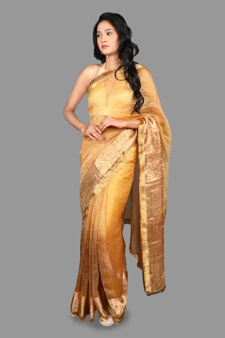Shop Zal From Benaras Gold Tissue, Silk Embroidery Handloom Saree With Unstitched Blouse Piece Online at Aza Fashions Shop_Zal From Benaras_Gold Tissue, Silk Embroidery Handloom Saree With Unstitched Blouse Piece _Online_at_Aza_Fashions