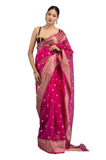 Zal From Benaras_Pink Kota Doria Kora Silk Saree With Unstitched Blouse Piece_Online_at_Aza_Fashions