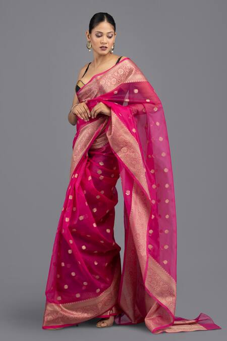 Buy_Zal From Benaras_Pink Kota Doria Kora Silk Saree With Unstitched Blouse Piece_Online_at_Aza_Fashions