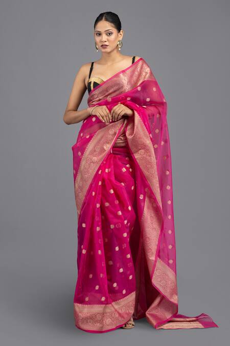 Shop_Zal From Benaras_Pink Kota Doria Kora Silk Saree With Unstitched Blouse Piece_Online_at_Aza_Fashions