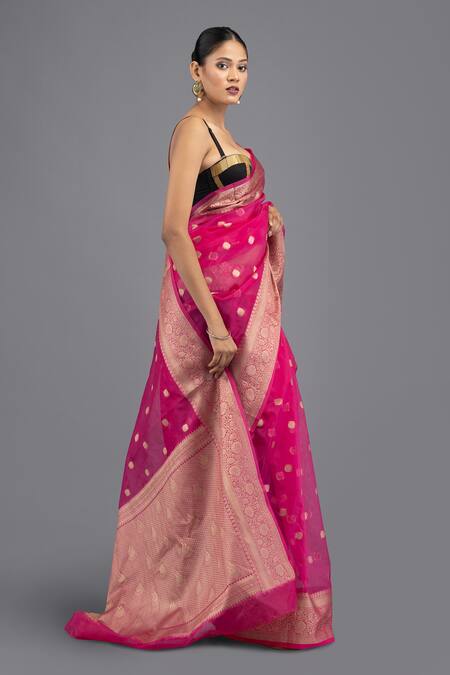 Zal From Benaras_Pink Kota Doria Kora Silk Saree With Unstitched Blouse Piece_at_Aza_Fashions
