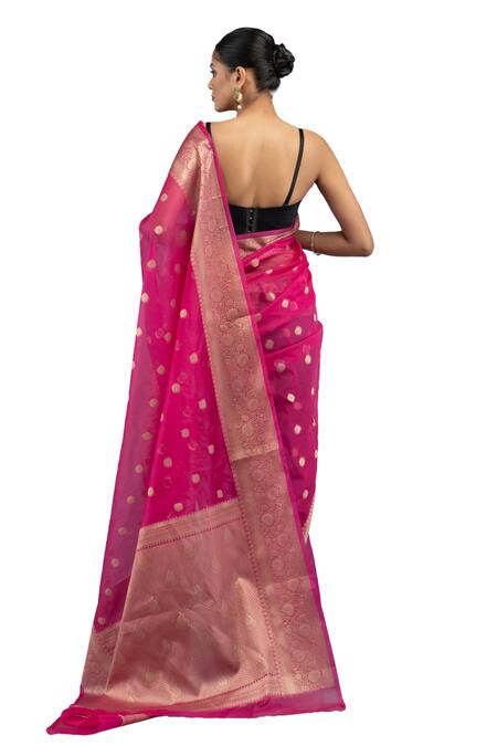 Buy_Zal From Benaras_Pink Kota Doria Kora Silk Saree With Unstitched Blouse Piece