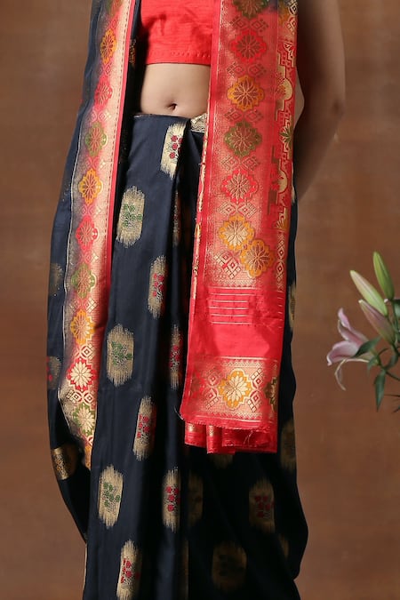 Zal From Benaras_Black Silk Embroidery Pure Mandala Pattern Saree With Unstitched Blouse Piece_Online_at_Aza_Fashions