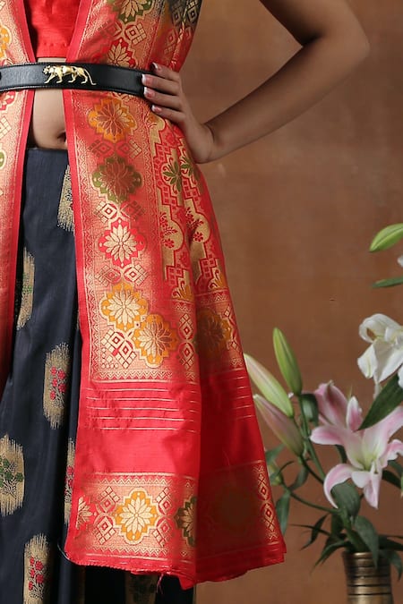 Buy_Zal From Benaras_Black Silk Embroidery Pure Mandala Pattern Saree With Unstitched Blouse Piece_Online_at_Aza_Fashions