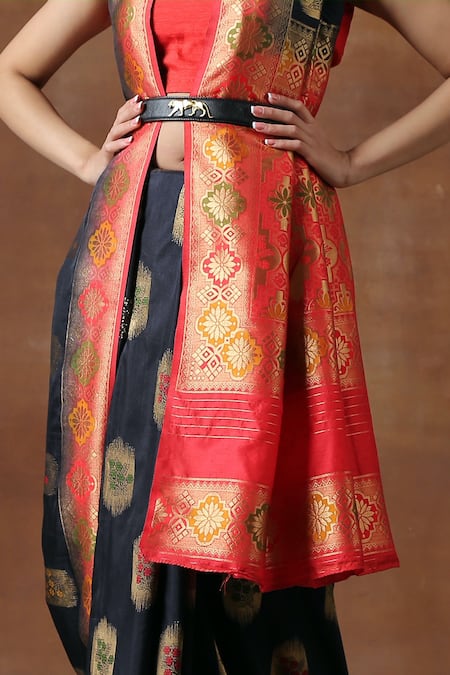 Shop_Zal From Benaras_Black Silk Embroidery Pure Mandala Pattern Saree With Unstitched Blouse Piece_Online_at_Aza_Fashions