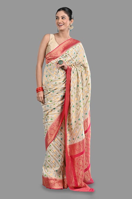 Zal From Benaras Cream Pure Chiffon Hand Weaving Saree With Unstitched Blouse Piece 