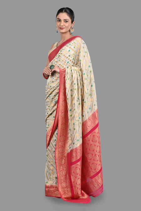 Buy Zal From Benaras Cream Chiffon Embroidery Pure Saree With Unstitched Blouse Piece Online at Aza Fashions Buy_Zal From Benaras_Cream Chiffon Embroidery Pure Saree With Unstitched Blouse Piece_Online_at_Aza_Fashions