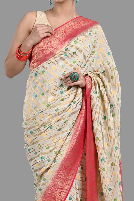 Buy Zal From Benaras Cream Chiffon Embroidery Pure Saree With Unstitched Blouse Piece Buy_Zal From Benaras_Cream Chiffon Embroidery Pure Saree With Unstitched Blouse Piece