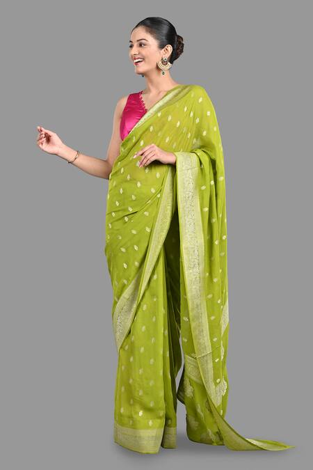 Buy_Zal From Benaras_Green Chiffon Embroidery Flower Butti Pattern Saree With Unstitched Blouse Piece_Online_at_Aza_Fashions