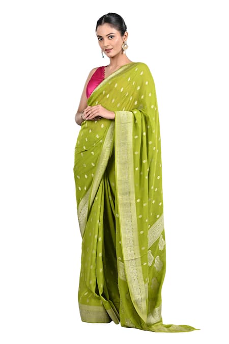 Shop_Zal From Benaras_Green Chiffon Embroidery Flower Butti Pattern Saree With Unstitched Blouse Piece_Online_at_Aza_Fashions