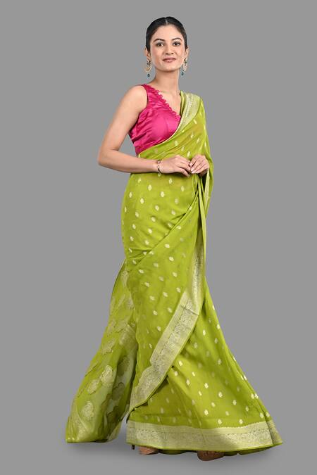 Zal From Benaras_Green Chiffon Embroidery Flower Butti Pattern Saree With Unstitched Blouse Piece_at_Aza_Fashions