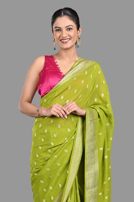 Buy_Zal From Benaras_Green Chiffon Embroidery Flower Butti Pattern Saree With Unstitched Blouse Piece