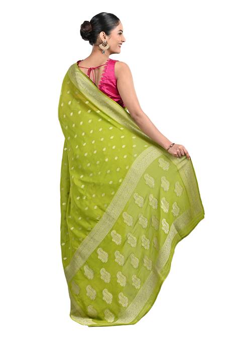 Shop_Zal From Benaras_Green Chiffon Embroidery Flower Butti Pattern Saree With Unstitched Blouse Piece