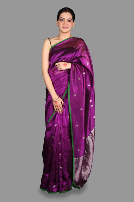 Zal From Benaras Purple Pure Chanderi Silk Hand Saree With Unstitched Blouse Piece 