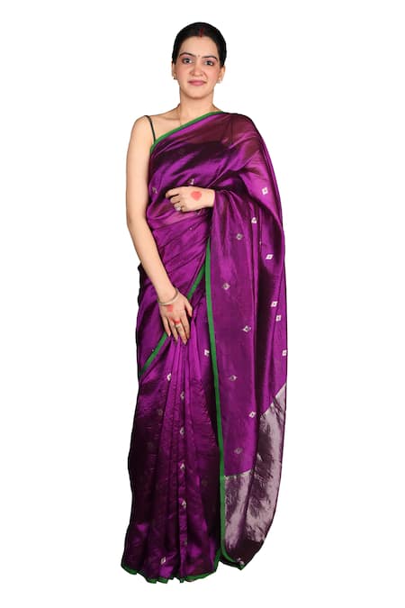 Zal From Benaras_Purple Chanderi Silk Embroidery Pure Saree With Unstitched Blouse Piece _Online_at_Aza_Fashions