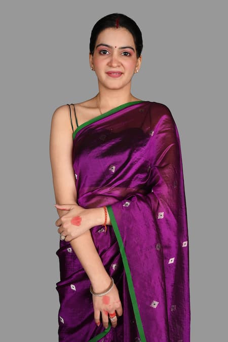 Zal From Benaras_Purple Chanderi Silk Embroidery Pure Saree With Unstitched Blouse Piece _at_Aza_Fashions