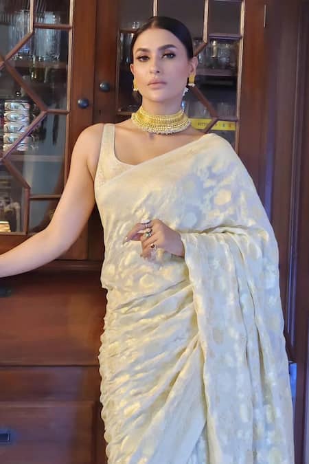 Buy_Zal From Benaras_Cream Georgette, Handloom Flower Vine Pattern Saree With Unstitched Blouse Piece _Online_at_Aza_Fashions