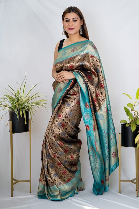 Shop Zal From Benaras Blue Kota Doria, Silk Floral Butti Pattern Saree With Unstitched Blouse Piece at Aza Fashions Shop_Zal From Benaras_Blue Kota Doria, Silk Floral Butti Pattern Saree With Unstitched Blouse Piece _at_Aza_Fashions
