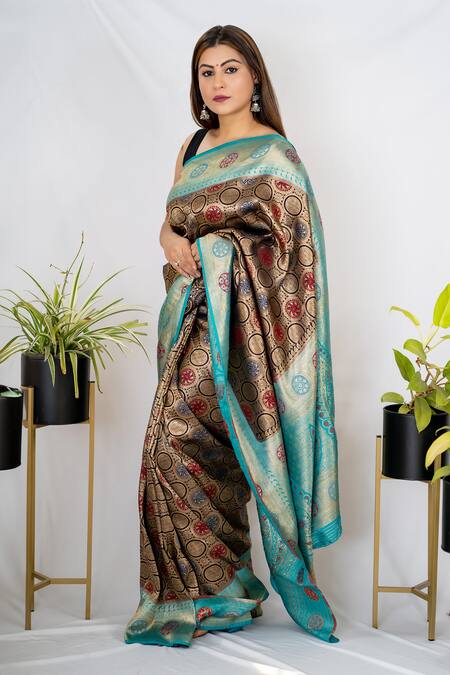 Zal From Benaras Blue Kota Doria, Silk Floral Butti Pattern Saree With Unstitched Blouse Piece Online at Aza Fashions Zal From Benaras_Blue Kota Doria, Silk Floral Butti Pattern Saree With Unstitched Blouse Piece _Online_at_Aza_Fashions