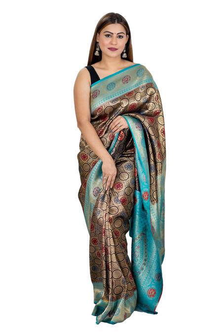 Shop Zal From Benaras Blue Kota Doria, Silk Floral Butti Pattern Saree With Unstitched Blouse Piece Online at Aza Fashions Shop_Zal From Benaras_Blue Kota Doria, Silk Floral Butti Pattern Saree With Unstitched Blouse Piece _Online_at_Aza_Fashions