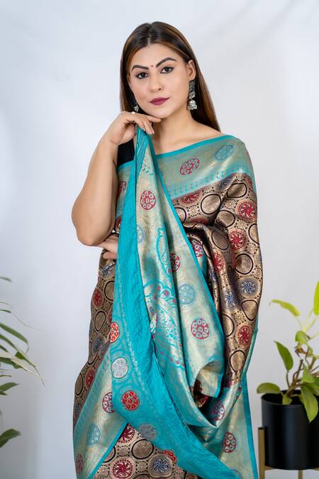Zal From Benaras Blue Kota Doria, Silk Floral Butti Pattern Saree With Unstitched Blouse Piece at Aza Fashions Zal From Benaras_Blue Kota Doria, Silk Floral Butti Pattern Saree With Unstitched Blouse Piece _at_Aza_Fashions