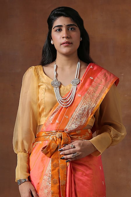 Zal From Benaras_Orange Silk Flower Bud Butti Pattern Saree With Unstitched Blouse Piece_Online_at_Aza_Fashions