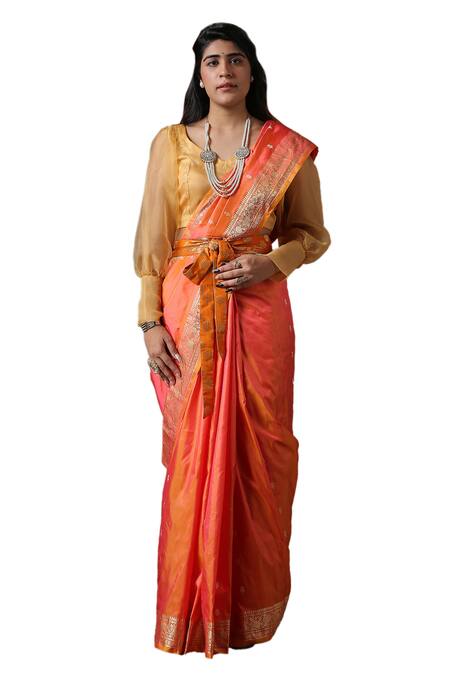Buy_Zal From Benaras_Orange Silk Flower Bud Butti Pattern Saree With Unstitched Blouse Piece_Online_at_Aza_Fashions