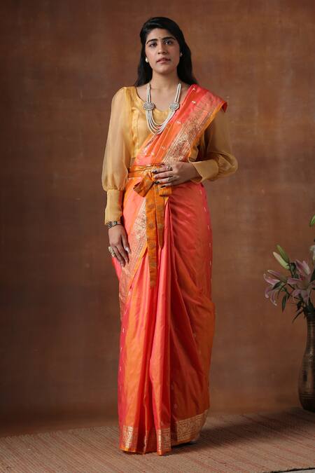 Shop_Zal From Benaras_Orange Silk Flower Bud Butti Pattern Saree With Unstitched Blouse Piece_Online_at_Aza_Fashions