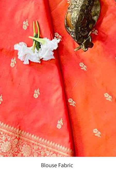 Zal From Benaras_Orange Silk Flower Bud Butti Pattern Saree With Unstitched Blouse Piece_at_Aza_Fashions