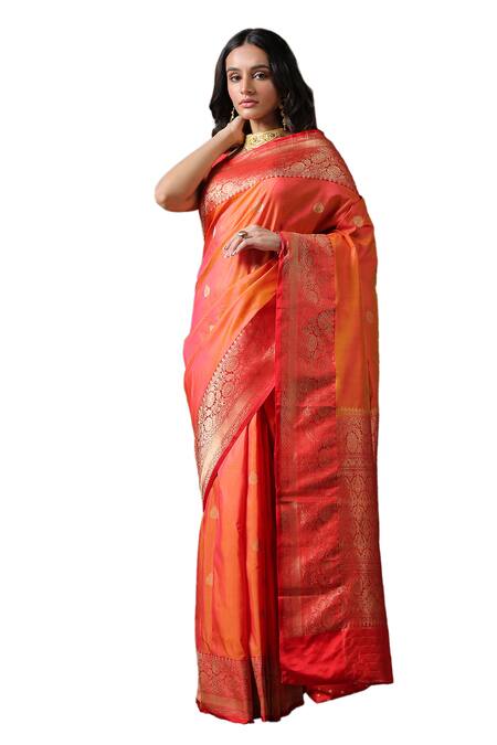 Zal From Benaras_Orange Silk Embroidery Mandala Bud Butti Katan Saree_Online_at_Aza_Fashions