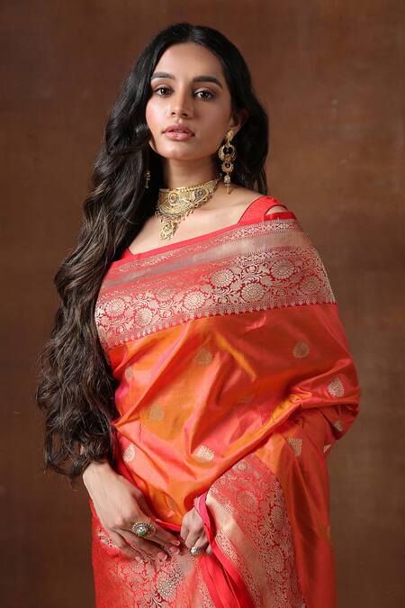 Shop_Zal From Benaras_Orange Silk Embroidery Mandala Bud Butti Katan Saree_Online_at_Aza_Fashions