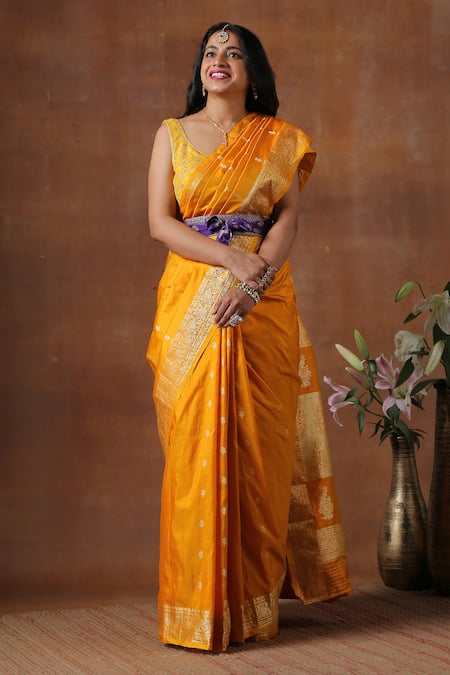 Zal From Benaras Yellow Pure Katan Silk Handloom Saree With Unstitched Blouse Piece 