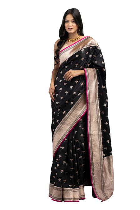 Zal From Benaras_Black Silk Embroidery Pure Floral Woven Saree With Unstitched Blouse Piece_Online_at_Aza_Fashions