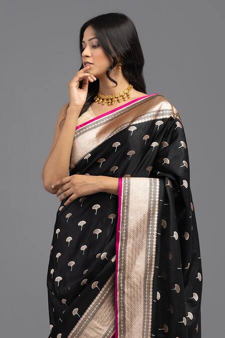 Buy_Zal From Benaras_Black Silk Embroidery Pure Floral Woven Saree With Unstitched Blouse Piece_Online_at_Aza_Fashions