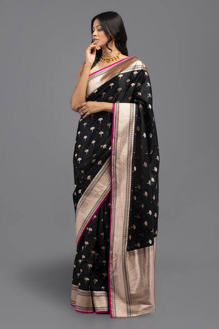 Shop_Zal From Benaras_Black Silk Embroidery Pure Floral Woven Saree With Unstitched Blouse Piece_Online_at_Aza_Fashions