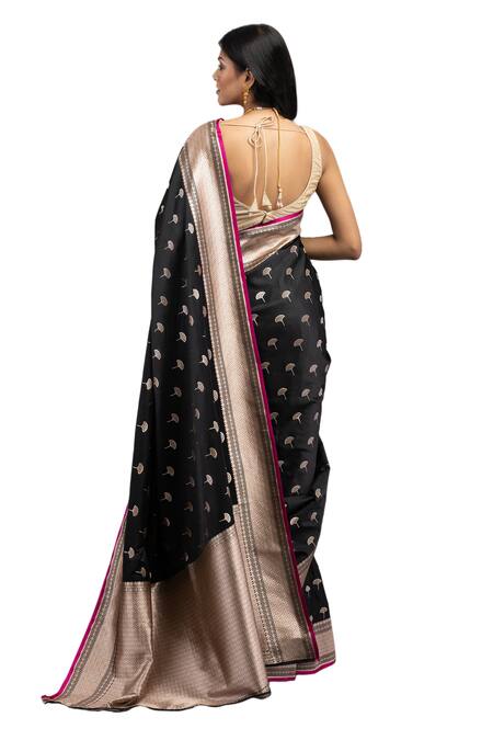 Buy_Zal From Benaras_Black Silk Embroidery Pure Floral Woven Saree With Unstitched Blouse Piece