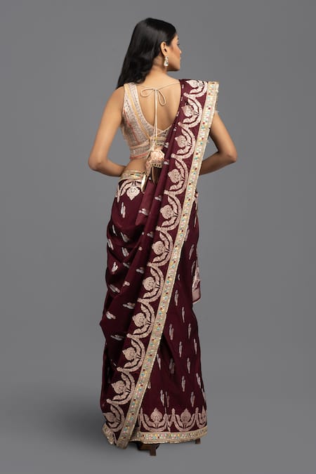 Shop Zal From Benaras Wine Silk Embroidery Pure Flower Woven Saree With Unstitched Blouse Piece at Aza Fashions Shop_Zal From Benaras_Wine Silk Embroidery Pure Flower Woven Saree With Unstitched Blouse Piece _at_Aza_Fashions