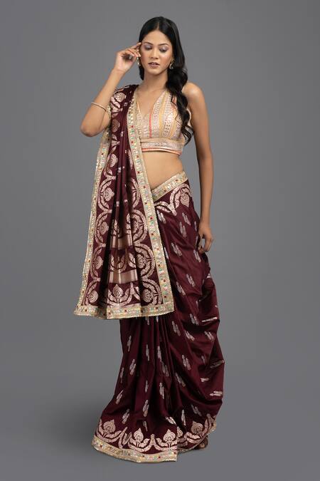 Shop Zal From Benaras Wine Silk Embroidery Pure Flower Woven Saree With Unstitched Blouse Piece Online at Aza Fashions Shop_Zal From Benaras_Wine Silk Embroidery Pure Flower Woven Saree With Unstitched Blouse Piece _Online_at_Aza_Fashions