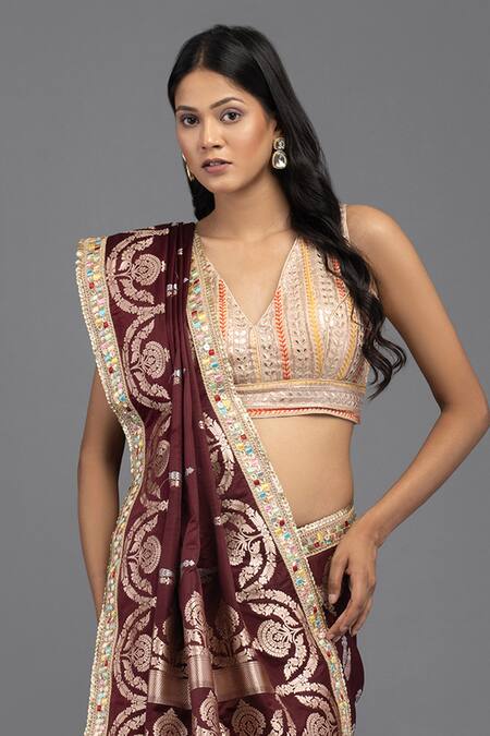 Zal From Benaras Wine Silk Embroidery Pure Flower Woven Saree With Unstitched Blouse Piece at Aza Fashions Zal From Benaras_Wine Silk Embroidery Pure Flower Woven Saree With Unstitched Blouse Piece _at_Aza_Fashions
