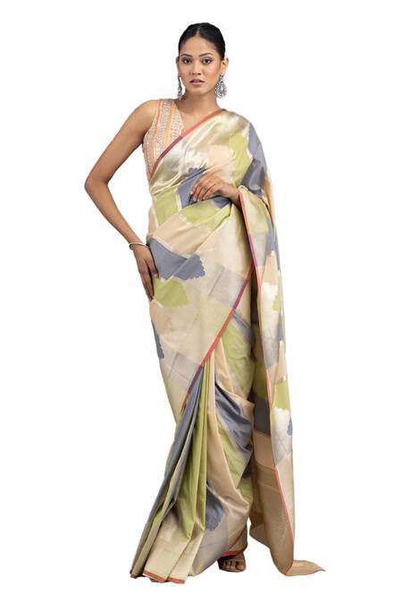 Zal From Benaras_Multi Color Satin, Silk Rangkat Mughal Woven Saree With Unstitched Blouse Piece_Online_at_Aza_Fashions