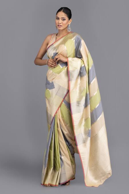 Buy_Zal From Benaras_Multi Color Satin, Silk Rangkat Mughal Woven Saree With Unstitched Blouse Piece_Online_at_Aza_Fashions