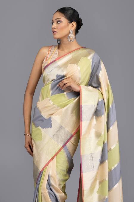 Shop_Zal From Benaras_Multi Color Satin, Silk Rangkat Mughal Woven Saree With Unstitched Blouse Piece_Online_at_Aza_Fashions