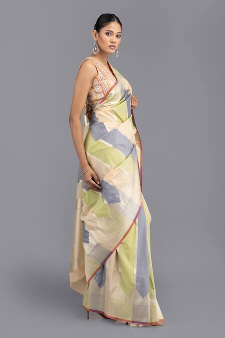 Zal From Benaras_Multi Color Satin, Silk Rangkat Mughal Woven Saree With Unstitched Blouse Piece_at_Aza_Fashions