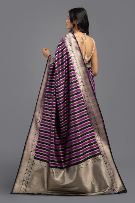 Shop Zal From Benaras Purple Silk Zari Rangkat Stripe Woven Saree With Unstitched Blouse Piece at Aza Fashions Shop_Zal From Benaras_Purple Silk Zari Rangkat Stripe Woven Saree With Unstitched Blouse Piece _at_Aza_Fashions