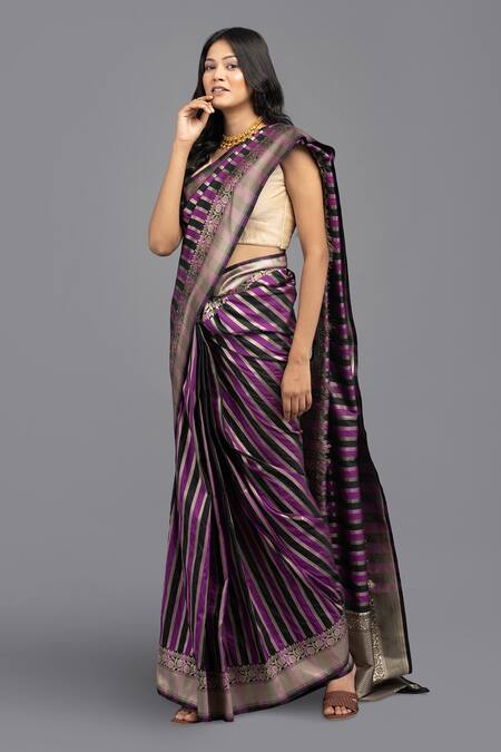 Zal From Benaras Purple Silk Zari Rangkat Stripe Woven Saree With Unstitched Blouse Piece Online at Aza Fashions Zal From Benaras_Purple Silk Zari Rangkat Stripe Woven Saree With Unstitched Blouse Piece _Online_at_Aza_Fashions