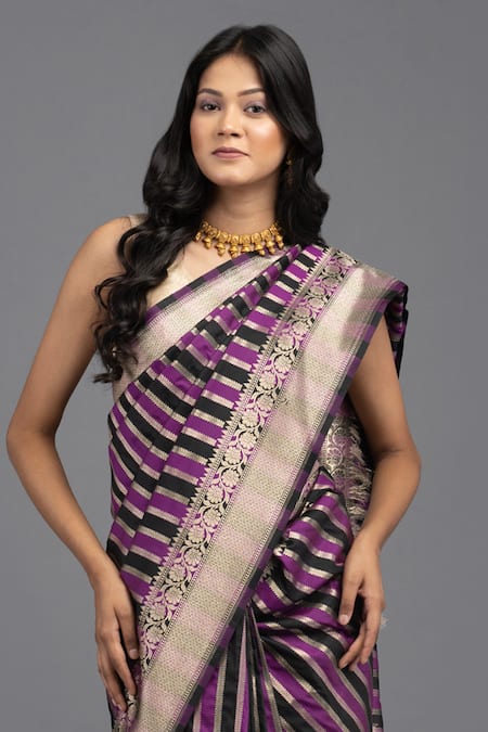 Buy Zal From Benaras Purple Silk Zari Rangkat Stripe Woven Saree With Unstitched Blouse Piece Online at Aza Fashions Buy_Zal From Benaras_Purple Silk Zari Rangkat Stripe Woven Saree With Unstitched Blouse Piece _Online_at_Aza_Fashions