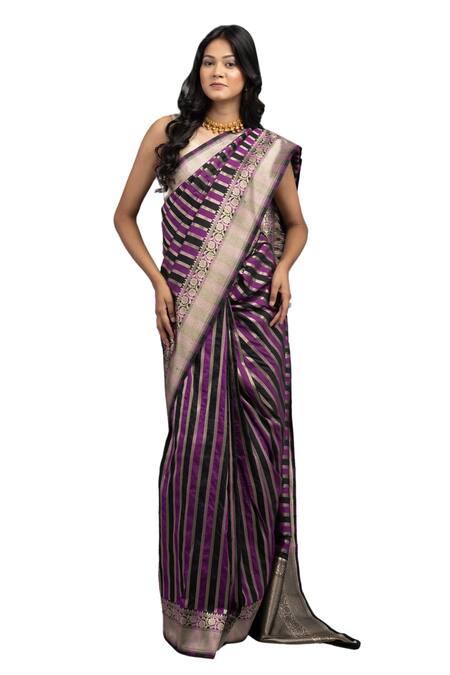 Shop Zal From Benaras Purple Silk Zari Rangkat Stripe Woven Saree With Unstitched Blouse Piece Online at Aza Fashions Shop_Zal From Benaras_Purple Silk Zari Rangkat Stripe Woven Saree With Unstitched Blouse Piece _Online_at_Aza_Fashions