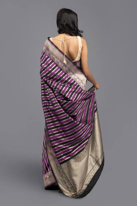 Buy Zal From Benaras Purple Silk Zari Rangkat Stripe Woven Saree With Unstitched Blouse Piece Buy_Zal From Benaras_Purple Silk Zari Rangkat Stripe Woven Saree With Unstitched Blouse Piece